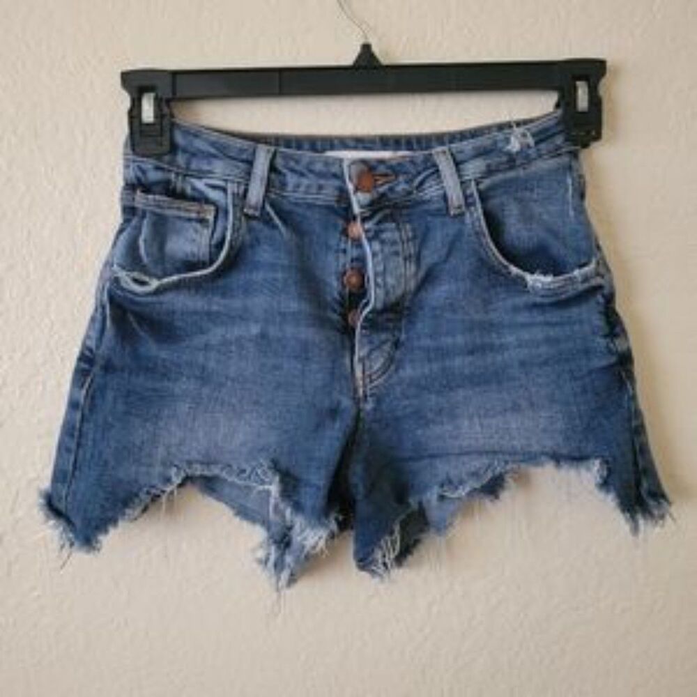 Zara | Women Cut Out Beach Summer Distressed Button Fly Denim Shorts 4 Grunge
